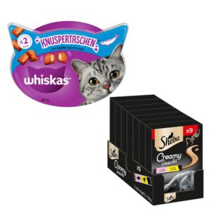 15% Korting! Voordeelverpakking aan snacks van Whiskas en Sheba - 2 x 180 g Whiskas Temptations Zalm + 9 x 12 g Sheba Creamy Snacks Kip & Zalm