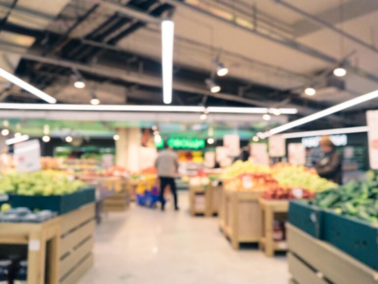 Blurred colorful supermarket products on shelves